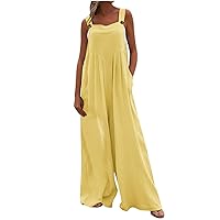 Womens Summer Casual Beach Overalls Long Bib Wide Leg Cute Pleated Baggy Sleeveless Rompers Jumpsuit with Pockets