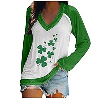 Womens Tunic Tops Casual St. Patrick's Day Printed Color Patchwork Long Sleeve V-Neck Pullover Loose Blouse T-Shirt