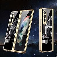 SHIEID Samsung Fold 3 Case, Galaxy Z Fold 3 Case The Bare Metal Feel 9H Tempered Glass Phone Case Cover for Samsung Galaxy Z Fold 3 5G, Black Planet