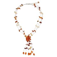 NOVICA Handmade Carnelian Cultured Freshwater Pearl Flower Necklace Fair Trade Floral Y Stainless Steel Glass Bead Red White Beaded Thailand Birthstone 'Fantasy'