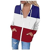 Women's Hoodies Zip Up Long Sleeve Drawstring Jacket Lightweight Casual Trendy Color Block Sweatshirt Tops with Pockets