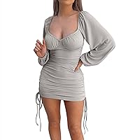 Dresses for Women 2024 Ribbed Knit Sexy Slim Drawstring Pleated Hip Cover Long Sleeve Dress