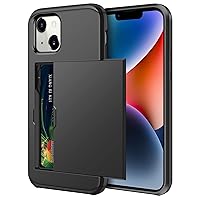 SAMONPOW for iPhone 14 Case 6.1 Inch iPhone 14 Wallet Case Card Holder Hidden Pocket Sliding Door Heavy Duty Dual Layer Hard PC Soft Rubber Bumper Protective Phone Case for iPhone 14 Black