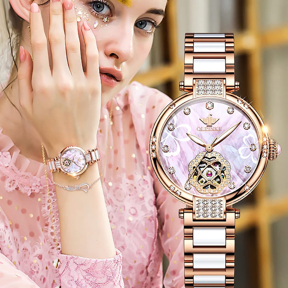 OUPINKE Watches for Women Mechanical Self Winding Dress Luxury Diamond Dial Rose Gold Ceramic Waterproof Luminous Ladies Wrist Watch Gift Set