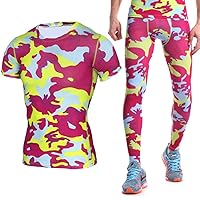 Men's Running Fitness Cooling Sportswear Camo Compression Short-Sleeved Shirt + Pants Sets (XXXL, Black Grid)