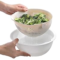 Double Layer Swivel Drainer 2 in 1 Bowl Strainer Combo - Kitchen Colander Fruit Wash Strainer for Cleaning Veggies, Noodles (Beige)