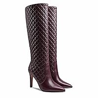 MOOMMO Women Knee High Boots Stiletto Pointed Toe Wide Calf 4” High Heel Quilted Long Boots Classic Pull On Matte Leather Tall Boots Comfort Dress Party Winter Warm 4-11 M US