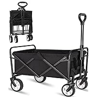 Collapsible Folding Outdoor Utility Wagon, Beach Wagon Cart with All Terrain Wheels & Drink Holders, Portable Sports Wagon for Camping, Shopping, Garden and Beach (Black/1 Year Warrant)