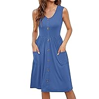 Ladies Women's Summer Dress Dresses Sleeveless Casual Loose Swing Button Down Midi Dress with Pockets(Blue,XX-Large)