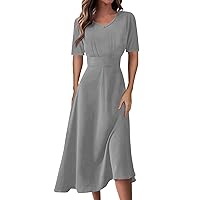 Empire Waist Dress for Women V-Neck Short Sleeve Waist Long Swing Dress