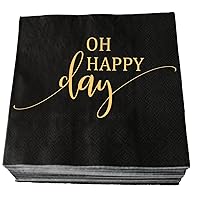 Oh Happy Day Napkins for Wedding Reception, Engagement Bridal Shower Baby Shower Graduation Retirement Birthday Party Decorations, 3-Ply Black and Gold Paper Cocktail Beverage Bar Table Decor Napkins