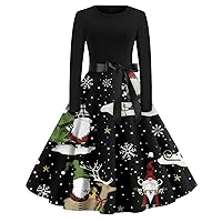 Womens Ugly Christmas Dresses Basic Long Sleeve Christmas Tree Printed Belted A-Line Dresses Lightweight Sweater Dress