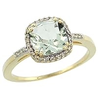 Silver City Jewelry 10K Yellow Gold Diamond Genuine Green Amethyst Ring Cushion-Cut 7x7mm Sizes 5-10