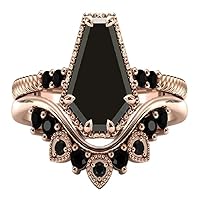 Vintage Art Deco 1 CT Coffin Shaped Black Onyx Engagement Ring Set 14K Rose Gold Black Gemstone Wedding Ring Set For Women Antique Bridal Ring Set Anniversary Promise Rings Set