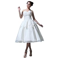 Ivory Tea Length Ball Gown Organza Wedding Dress With Rosettes On Skirt