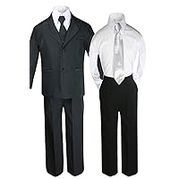 6pc Boy Black Vest Set Formal Tuxedo Suits with Satin Silver Necktie Baby to Teen