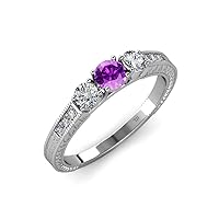 Amethyst and Diamond Milgrain Work 3 Stone Ring with Side Diamond 0.80 ct tw in 14K White Gold