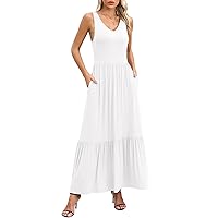 LILBETTER Women's Summer Casual Sleeveless V Neck Swing Dress Flowy Tiered Maxi Beach Dress with Pockets