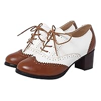 SHEMEE Women's Chunky High Heels Wingtip Oxfords Round Toe Lace Up Stacked Block Heel Vintage Brogues Pumps Shoes