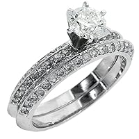 14k White Gold Round Pave Diamond Engagement Ring Wedding Band Set 1.25 Carats