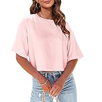 Tankaneo Women Half Sleeve Cropped T-Shirts Drop Shoulder Round Neck Crop Tops Casual Summer Solid Color Basic Tees