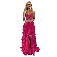 Lace Strapless Corset Prom Dresses with Slit 2024 Long Tiered Ruffle Chiffon Formal Evening Dress for Women Fuchsia