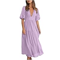 Prime Deal 2024 Cheap Women Puff Sleeve Summer Dresses Casual V Neck Vacation Maxi Dress Elegant Pleated Loose Swing Mid Calf Dress Resort Sundress Womens Bathing Suit Purple
