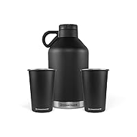 DrinkTanks - 64 oz Stainless Steel Growlers for Beer + 16 oz Stainless Steel Cups, Insulated Beer Growler w/ 2 Reusable Metal Solo Cup Set, High-Grade Stainless Steel, Set of 3, Obsidian