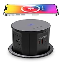 Pop up Outlet for Countertop with 15W Wireless Charger,65W USB C Charging Station,4 Outlets,2 USB C,USB A,Tamper Resistant Receptacle,4.7'' Hole Power Grommet,Office Power Supply,Black