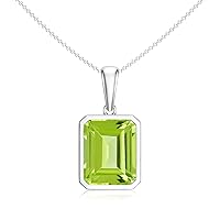 Natural Peridot Emerald-Cut Pendant Necklace for Women in Sterling Silver / 14K Solid Gold/Platinum