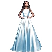 Women's Prom Dress Satin Ruched A Line Beaded Floor Length Formal Evening Gown with Pockets