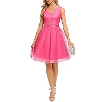 Meetjen Sequin Prom Dress for Teens Short Tulle V Neck Semi Formal Dress A-line Cocktail Party Dress