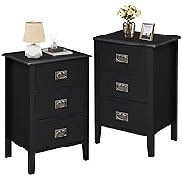 VECELO Nightstands Set of 2, Side End Table Living Room Bedroom Bedside, Vintage Accent Furniture Small Space, Solid Wood Legs, Three Drawers, Black