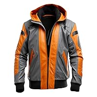 Men’s Orange Grey Genuine Sheepskin Warm Biker Outfit Hooded Leather Jacket