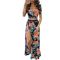 Women Sexy 2 Piece Outfits Dress Summer Chiffon Deep V Neck Crop Top Floral Printed High Split Maxi Dresses Skirt Set