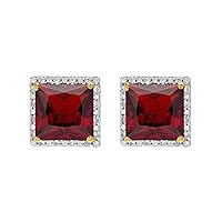 Sterling Silver with Natural Garnet and White Topaz Halo Stud Earrings