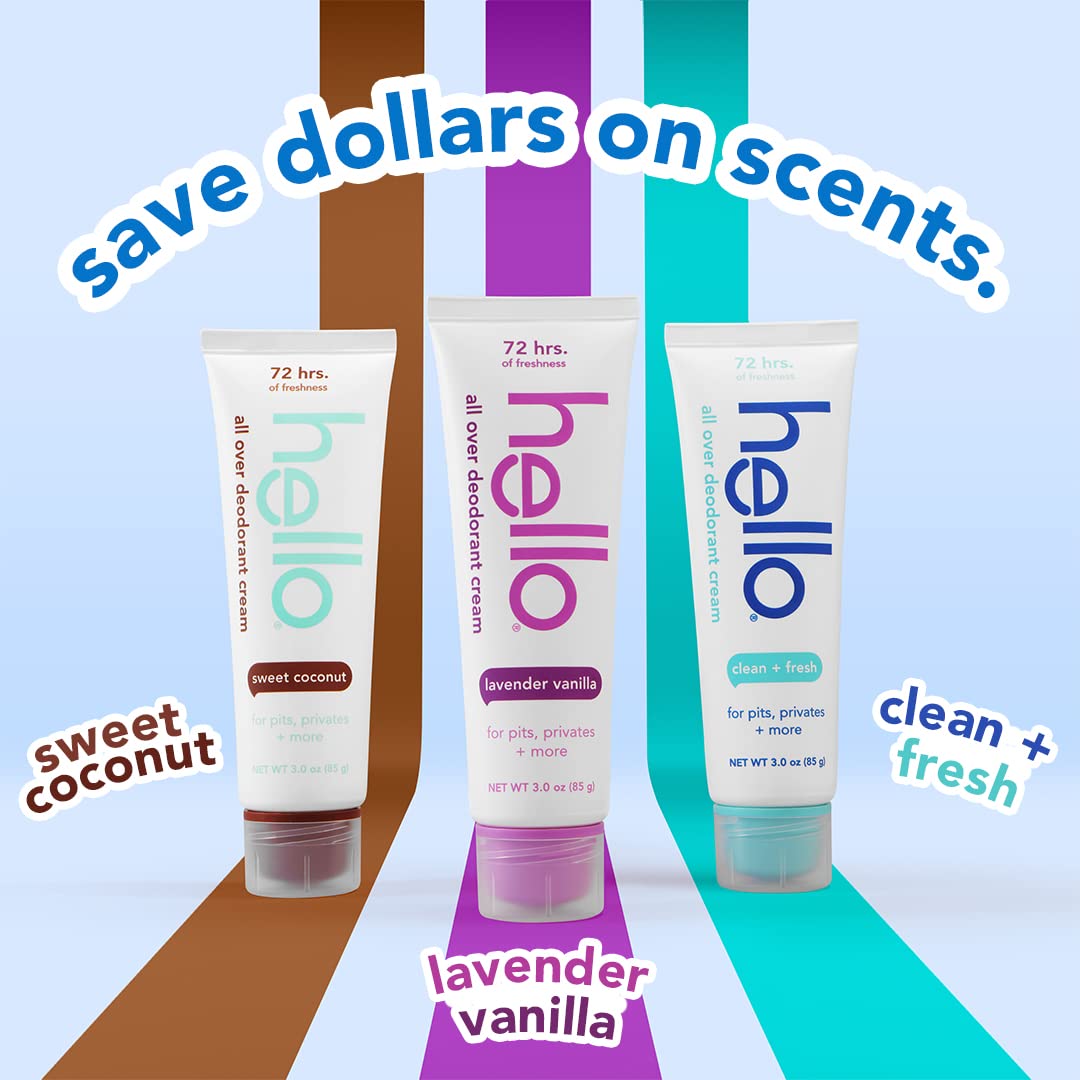 hello All Over Clean & Fresh Deodorant Cream, Aluminum Free Deodorant Cream for Pits, Privates + More, Offers 72 Hours of Freshness, Safe for Sensitive Skin, Vegan, 1 Pack, 3 Oz Tube