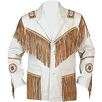 Men's Western Cowhide Cowboy Leather Jacket Fringe and Beaded & Botton Close Native American Coat Style
