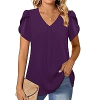 Gaharu Women's Dressy Blouses Casual V Neck Chiffon Shirts Short Sleeve Tunic Tops