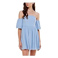 Speechless Womens Light Blue Stretch Smocked Pleated Lined Elbow Sleeve Off Shoulder Mini Fit + Flare Dress Juniors XL