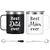 Qtencas Gifts for Parents, Best Mom ever and Best Dad ever Stainless Steel Coffee Mug Set, Christmas Gifts for Parents Mom and Dad New Pregnancy, Parents Christmas Gifts Ideas(12oz, White&Black)