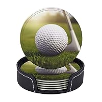 Drink Coasters with Holder Leather Coasters Set of 6 Sport Golf Ball Round Coaster for Drinks Tabletop Protection Cup Mat Pad for Home and Kitchen Coaster Set for Home Decor 4 Inch
