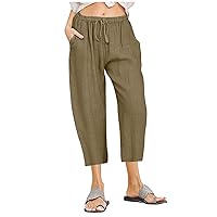 Womens Wide Leg Cotton Linen Capris Casual Summer Loose Comfy Drawstring High Waisted Palazzo Cropped Beach Pants
