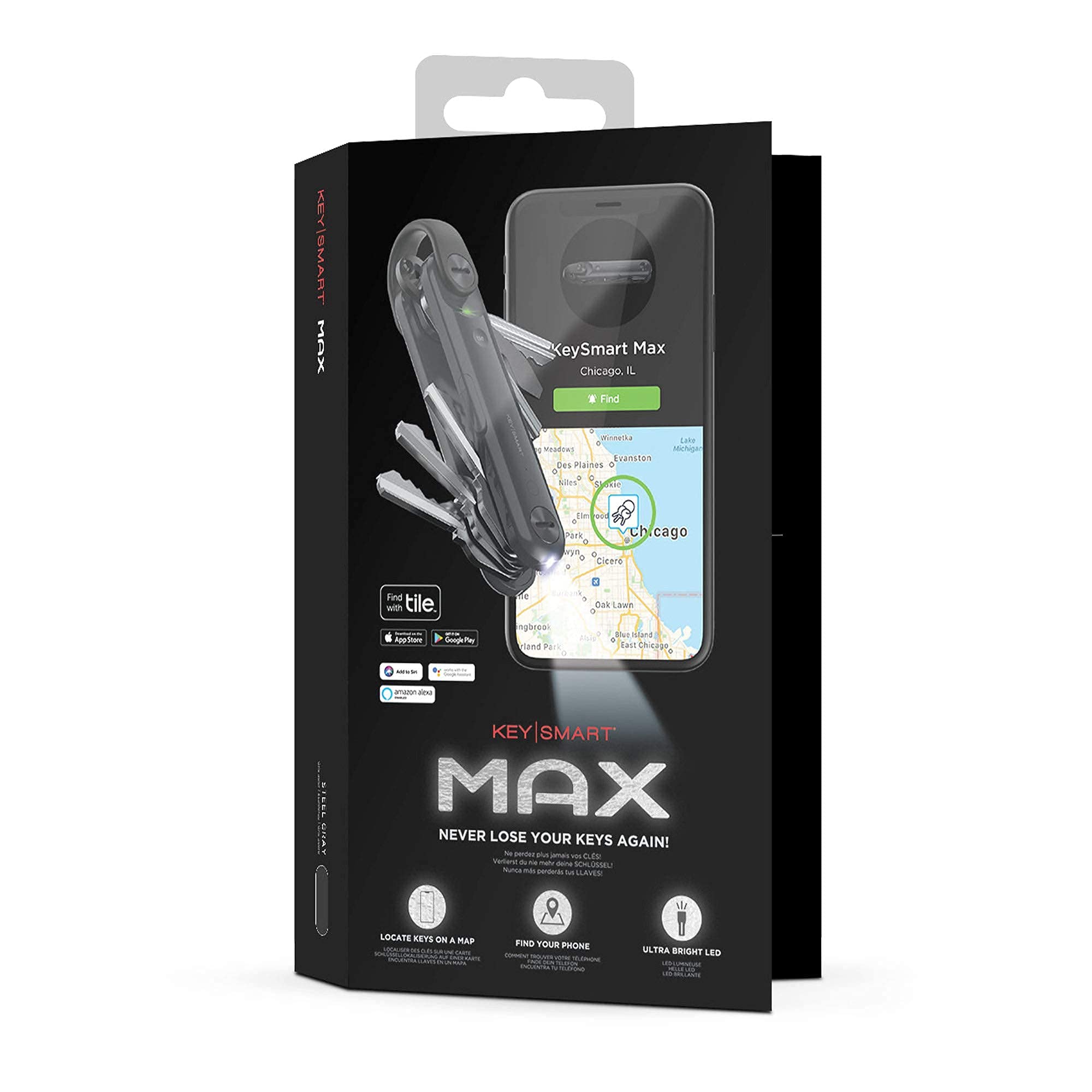 KeySmart Max Trackable Smart Key Organizer - Tile Tech Compact Keychain Key Holder, LED Flashlight, Tile Bluetooth Key Finder, Attach Car Key Fob, Keychain Accessories (up to 14 Keys, Steel Gray)