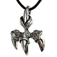 Jurassic Monster Raptor T-Rex Dinosaur Kaiju Godzilla Dragon Claw Silver Pewter Men's Pendant Necklace Wealth Fortune Lucky Charm Protection Amulet Fighting Safe Travel Talisman w Black Leather Cord