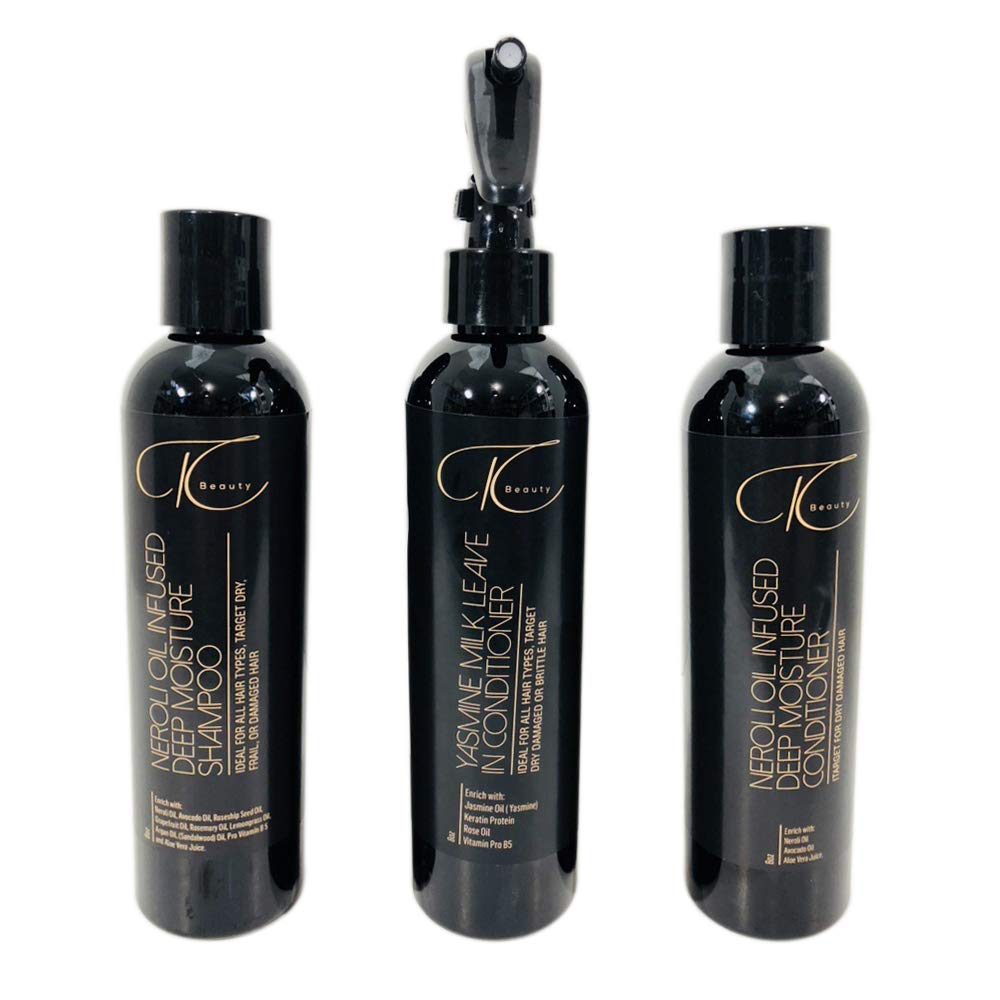 TC beauty Organic Natural Shampoo Conditioner & Leave In Conditioner infused with Jasmine, Argan, Avocado, Neroli Oil, Keratin Protein