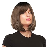 MORICA Short Bob Wig with Bangs Ombre Brown Wig with Dark Brown Roots Straight Bob Synthetic Wig for Women Heat Resistant Side Part Wigs 14 Inches for Party Daily Wear