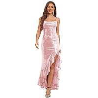 Sparkly Sequin Prom Dress with Slit Mermaid Spaghetti Straps Formal Evening Gowns for Women
