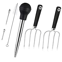 Turkey Baster and Turkey Roast Lifters with Non-Slip Handle, Rubber Turkey Baster with 2 Marinade Needles & Stainless Steel Turkey Poultry Forks Set, Poultry Lifters