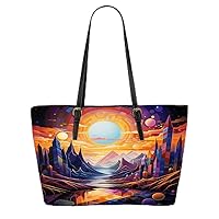 Mystical Waterscape Geometric Fantasy Leather Tote Bag 3d
